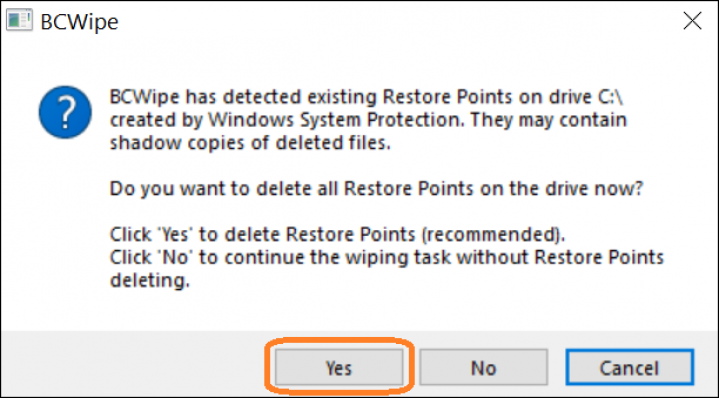 Screenshot of BCWipe interface highlighting how to delete Windows restore points