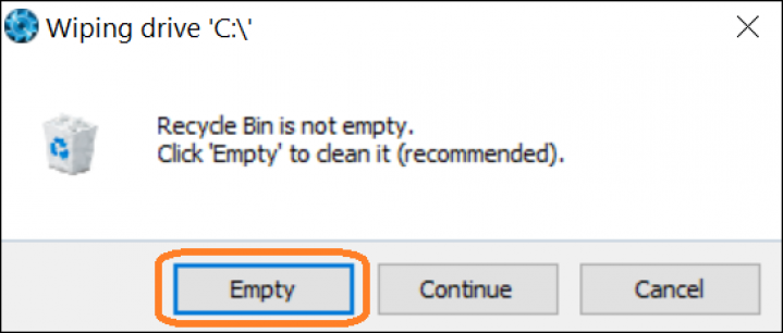 Screenshot of BCWipe interface highlighting how to empty recycle bin