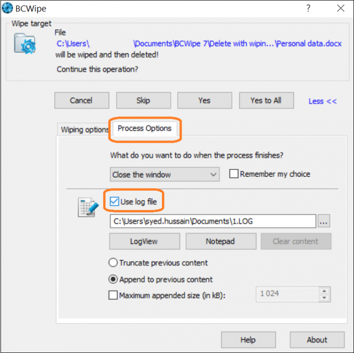 Screenshot of BCWipe interface highlighting how to enable log file
