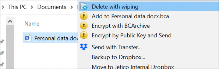 Screenshot of BCWipe interface highlighting how to select files for wiping