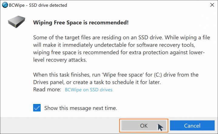 Wiping free space from SSD with BCWipe screenshot
