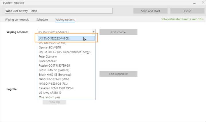 Screenshot showing how to select wiping scheme to delete temporary files with BCWipe